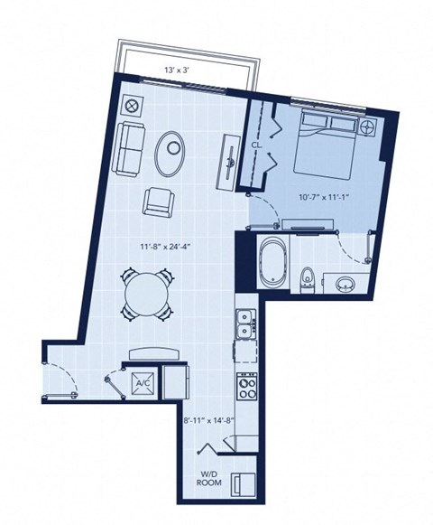 Floor plan for 1 bed, 1 bath, 745 sqft